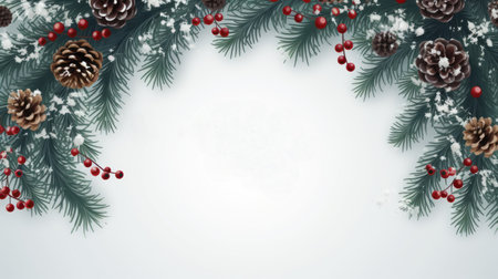 Christmas background with fir branches, pine cones and berries. illustration. Generative AIの素材