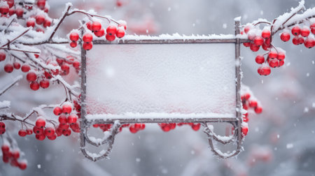 Winter Wonderland: Snow-Covered Board Frame Framed by Branches with Red Berries Covered in Frost AI Generated AI Generatedの素材