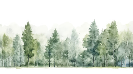 Peaceful Forest with Tall Trees Watercolor Illustration AI Generatedの素材