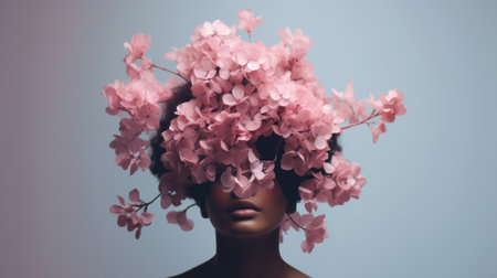 Minimalistic Clean Soft Focus: Woman with Pink Flowers on Her Head AI Generatedの素材