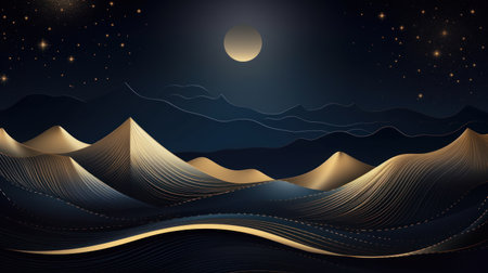 Gold and black background with mountains, moon and stars. illustration. Generative AIの素材