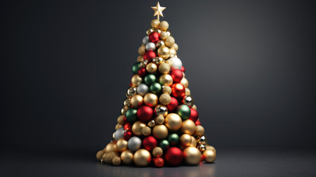 Christmas tree made of christmas baubles on dark background. 3d render Generative AIの素材