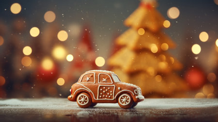 Wooden toy car with christmas tree on background. Christmas card Generative AIの素材