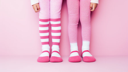 Female legs in pink socks and white tights on pink background. Generative AIの素材