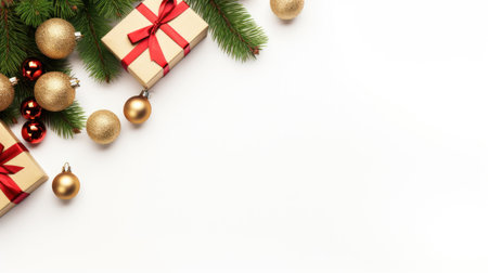 Christmas composition. Festive decoration on white background. Flat lay, top view, copy space Generative AIの素材