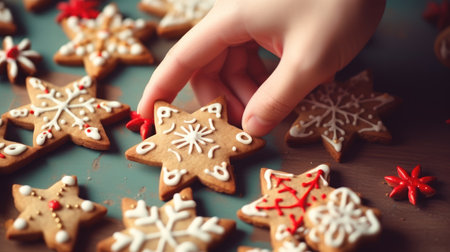 Hands decorating Christmas gingerbread cookies with icing sugar on wooden background Generative AIの素材