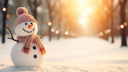 Snowman in the winter forest. Christmas and New Year background. Generative AIの素材