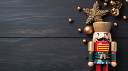 Christmas greeting card with nutcracker on black wooden background. Top view with copy space Generative AIの素材