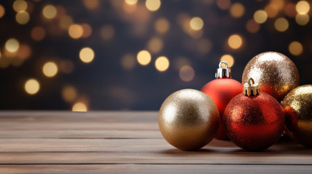 Golden and red christmas baubles on bokeh background Generative AIの素材