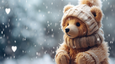 Teddy bear in winter hat and scarf on the background of falling snow. Generative AIの素材