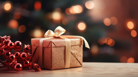 Christmas gift box with christmas tree on bokeh background. Generative AIの素材