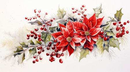 Christmas bouquet with poinsettia, holly and berries. Watercolor illustration Generative AIの素材