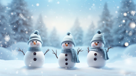 3D rendering of a group of snowmen in a winter forest Generative AIの素材