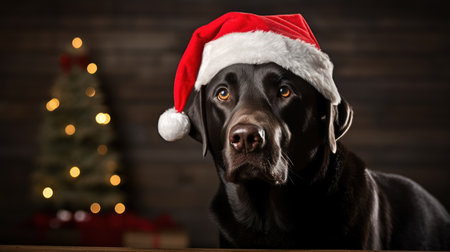 Portrait of a black labrador retriever dog wearing a santa hat Generative AIの素材