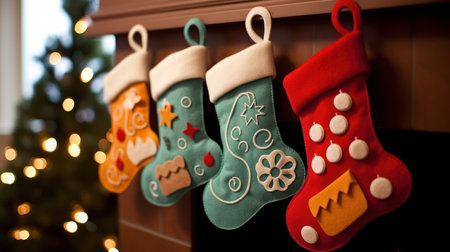 Christmas stocking hanging on the shelf in the store. Christmas decoration. Generative AIの素材