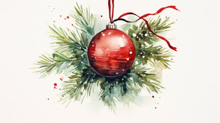 Watercolor Christmas illustration with fir tree branches and red bauble. Generative AIの素材