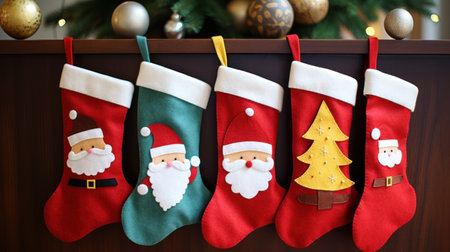 Christmas socks with Santa Claus hanging on clothespins on a wooden background Generative AIの素材
