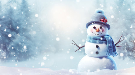 Snowman in winter forest. Christmas and New Year holidays background. Generative AIの素材