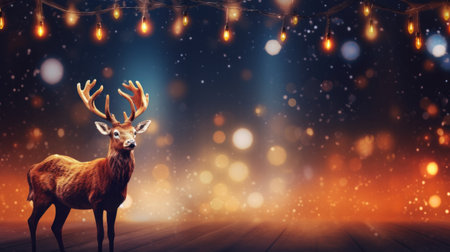 Deer with big antlers in the night forest. Christmas background Generative AIの素材