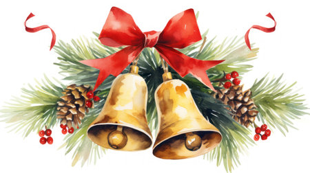 Watercolor Christmas card with bells and fir branches. illustration. Generative AIの素材
