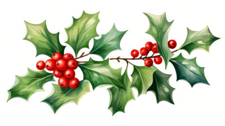Watercolor holly branch with red berries. Hand drawn illustration. Generative AIの素材