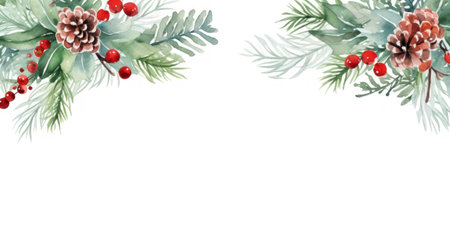 Watercolor Christmas and New Year wreath with fir branches, pine cones and holly berries. Hand painted illustration. Generative AIの素材