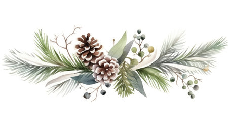 Watercolor Christmas bouquet with fir branches, pine cones and berries. Hand painted illustration. Generative AIの素材