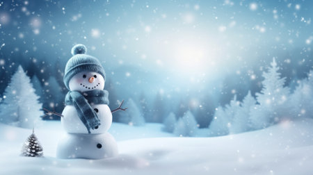 Snowman in winter forest. Christmas and New Year holidays background. Generative AIの素材