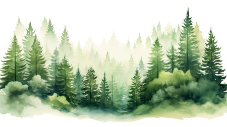 Watercolor forest background. Hand drawn illustration of coniferous forest. Generative AIの素材