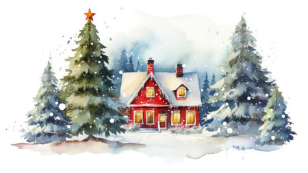 Hand drawn watercolor illustration of a country house in winter forest. Generative AIの素材