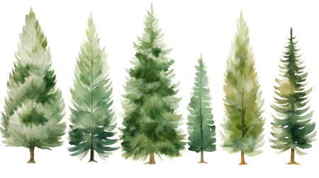 Watercolor pine trees set. Hand drawn illustration isolated on white background Generative AIの素材