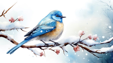 Blue tit bird on a branch in winter. Watercolor illustration. Generative AIの素材
