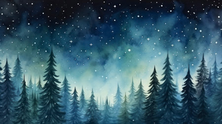 Winter forest with snowflakes and fir trees. Watercolor illustration. Generative AIの素材