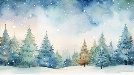 Winter forest. Watercolor painting. Christmas and New Year background. Generative AIの素材