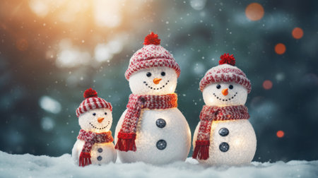 Adorable Knitted Snowman Family Celebrating Holiday Seasons on Christmas Snowy Background AI Generatedの素材