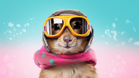Funny Cute Animal Wearing Snowboard Goggles Ready for Holiday Travel AI Generated AI Generatedの素材