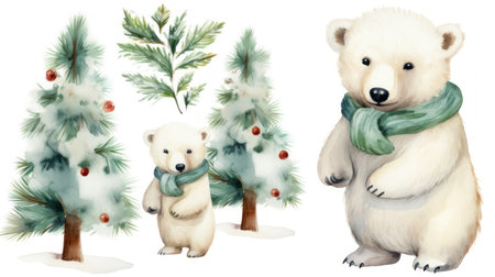 Beautiful Christmas Illustration with Hand-Drawn Watercolor Cute Polar Bear and Fir Tree AI Generatedの素材