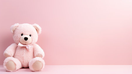 Cute Bear Plush Toy on Pale Pink Background with Copy Space AI Generatedの素材