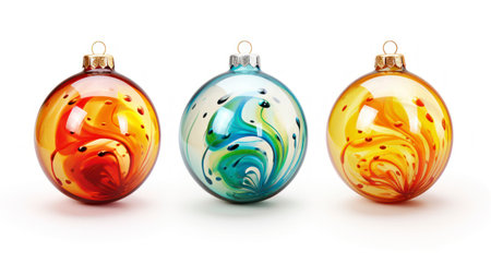 Colorful Hand-Painted Christmas Ornaments on White Background AI Generatedの素材