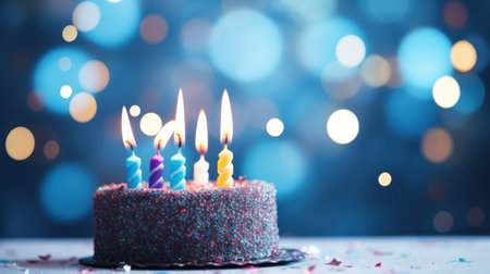 Celebration Concept: Bright Lights Bokeh on Birthday Cake with Candles AI Generatedの素材