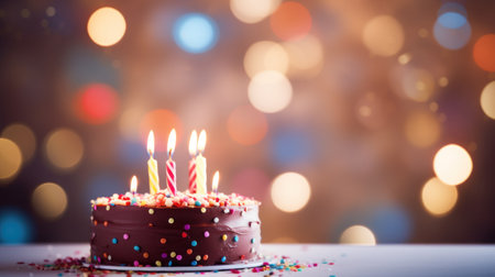 Celebration Concept: Bright Lights Bokeh on Birthday Cake with Candles AI Generatedの素材