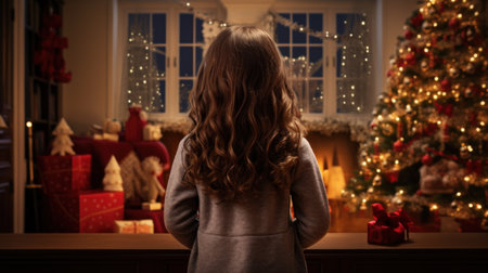Adorable Little Girl in a Christmas Decorated Living Room AI Generatedの素材