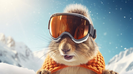 Funny Squirrel Wearing Snowboard Goggles Ready for Holiday Travel AI Generatedの素材