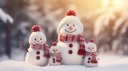 Adorable Knitted Snowman Family Celebrating Holiday Seasons on Christmas Snowy Background AI Generatedの素材