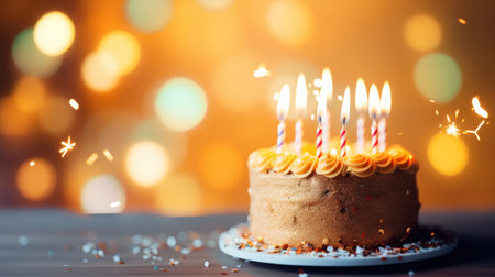 Celebration Concept: Bright Lights Bokeh on Birthday Cake with Candles AI Generatedの素材