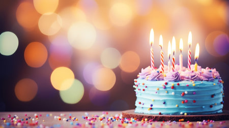 Celebration Concept: Birthday Cake with Candles and Bright Lights Bokeh AI Generatedの素材