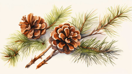 Watercolor pine branches with cones on white background. Hand drawn illustration. Generative AIの素材