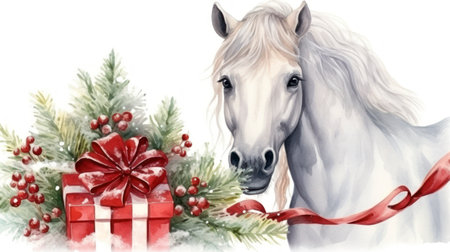 Beautiful Christmas Composition with Cute Hand-Drawn Watercolor Saint Nicolas and White Horse with Gifts AI Generatedの素材
