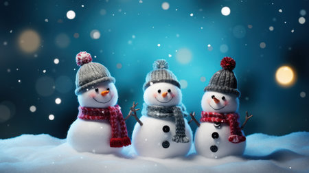 Adorable Snowman Family Celebrating Holiday Seasons on Christmas Snowy Background AI Generatedの素材