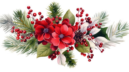 Watercolor Christmas bouquet with red poinsettia, pine cones, berries and fir branches. Generative AIの素材